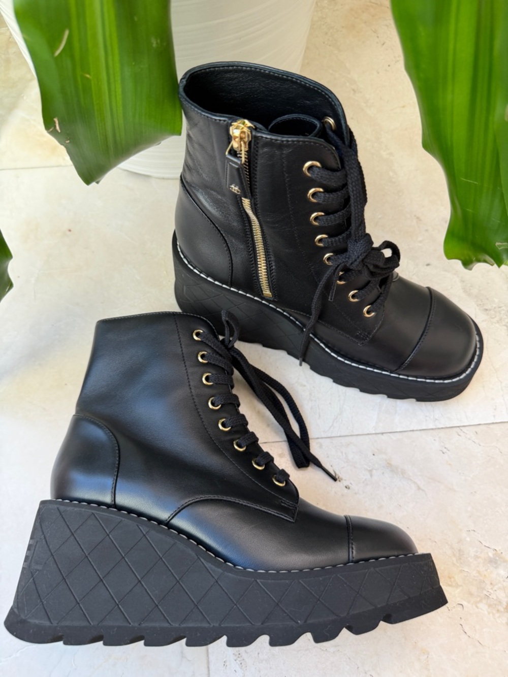Chanel 2024 Interlocking CC Logo Combat Wedge Lambskin Lace Up Ankle Boots 36.5 - Picture 2 of 16